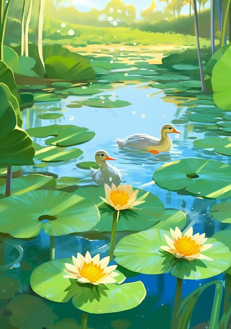 传统节气农历二十四节气夏天夏至大暑小暑清凉在水中游玩的鸭子水鸟,插画/手绘图,插画/手绘图库,插画/手绘图下载,插画/手绘